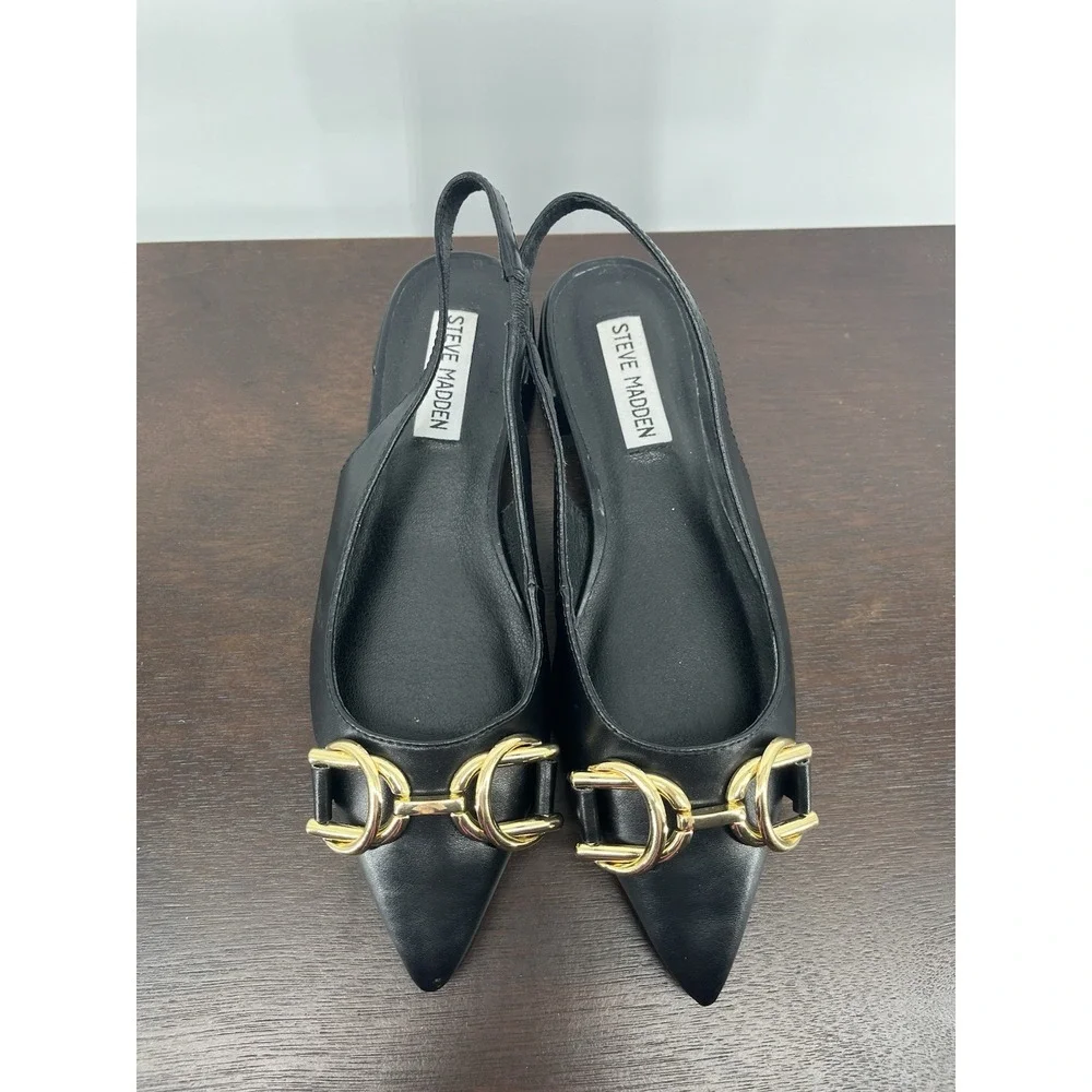 Steve Madden Womens Caitie Size 6 Leather Slingback Low Heel Black Gold Hardware